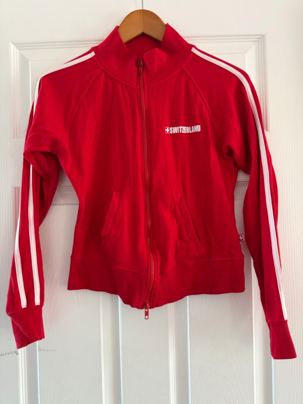 Red Track Jacket with White Stripes